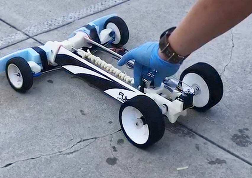 We slowly built up test cars by adding new components one at a time after successful implementations. The first complete test car was a single motor design with off-the-shelf wheels for simplicity.