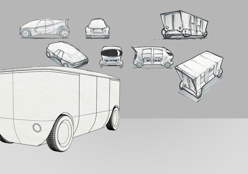 Using conventional electric passenger vehicles as a starting point, I quickly expanded and simplified the form to maximize cargo capacity and battery storage space.