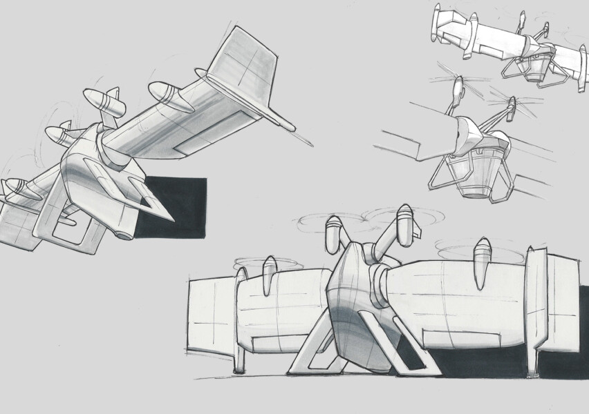 The aesthetics are driven by aerodynamics in the forward flight configuration, while maintaining a centered vertical axis for stability while taking off and landing. Propellers are placed such that they have clear airways at all times, and as compact a footprint as possible.