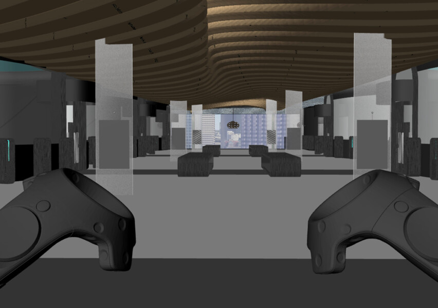 VR walkthroughs were a recurring tool for testing skyport layouts and virtual vehicle interiors. Starting with low fidelity representations of space, we could simulate visual appeal, time and distance traveled. The vehicle tests were paired with a full size vehicle buck and seats while the visual aesthetics were displayed in the VR headset.