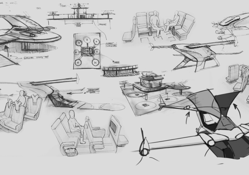 Early concepts explored various configurations and methods to seat passengers inside the vehicle. Key points of focus were comfort, privacy and excitement. This process influenced various directions for ingress and egress and skyport configurations.