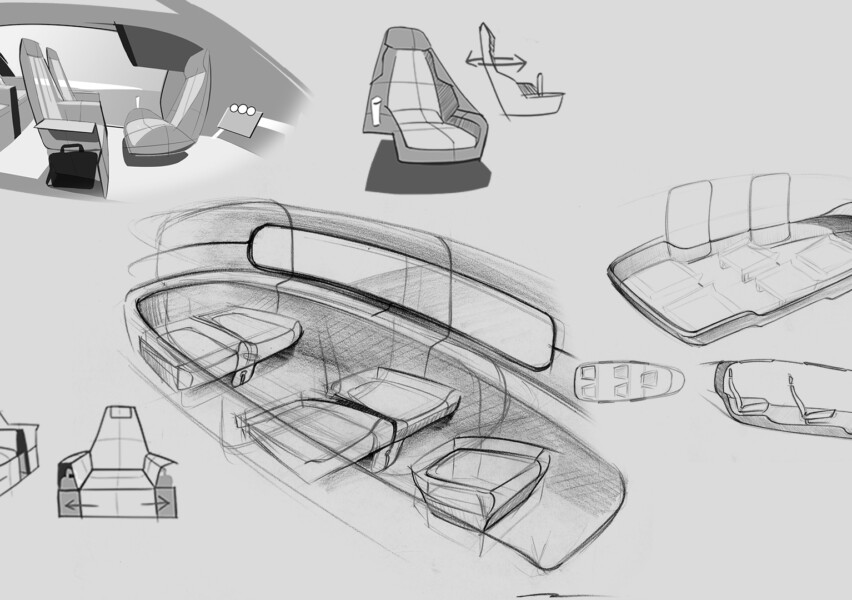 We eventually converged on a 2x2 layout (similar to a car) with gull wing doors on both sides of the vehicle. Some key features were handbag and suitcase storage, panoramic windows and tiered levels for the seating rows.